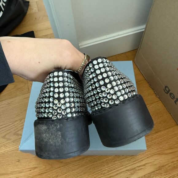 Prada Loafers Black Satin Crystal Embellished Metal Triangle Logo Sz 37 - Picture 12 of 14